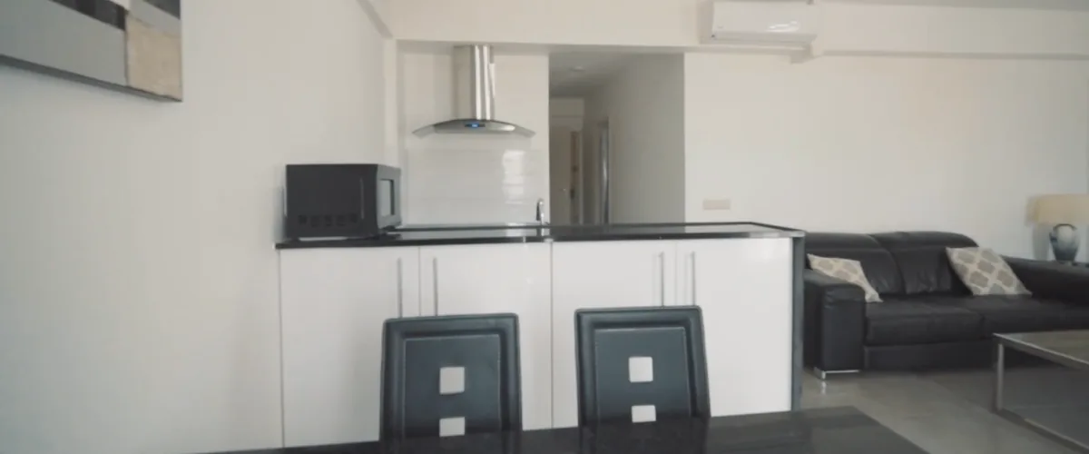 Keuken met bar en aangrenzende woonkamer